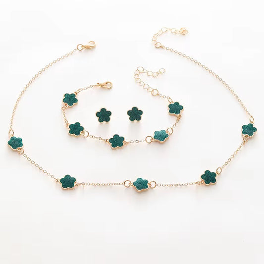 Glod Green Clover Jewelry Set -Necklace Bracelet Earrings
