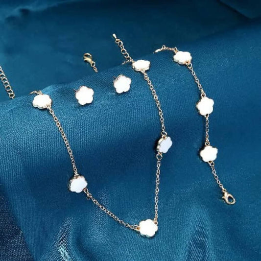 Gold Tone White Flower Jewelry Set Necklace Bracelets Earrings