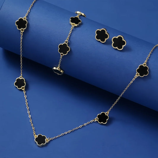 Black Gold Clover Necklace Earring Set